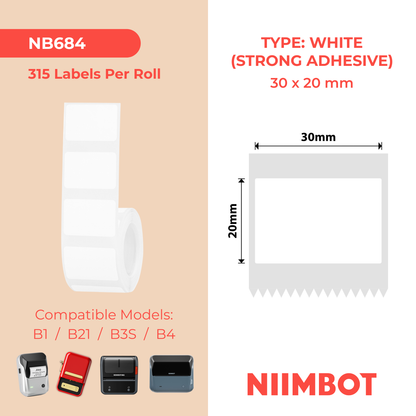 NB684 - NIIMBOT - B1 / B21 / B3S / B4 - 30X20MM - 315 WHITE STRONG ADHESIVE LABELS