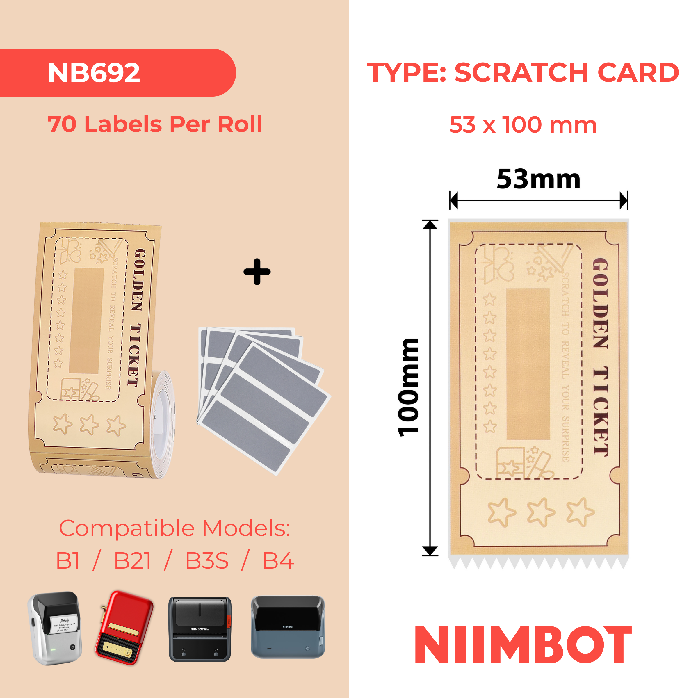 NB692 - NIIMBOT - B1 / B21 / B3S / B4 - TP53X100 - 70 ETICHETTE - CARTE GRATTA E VINCI ORO