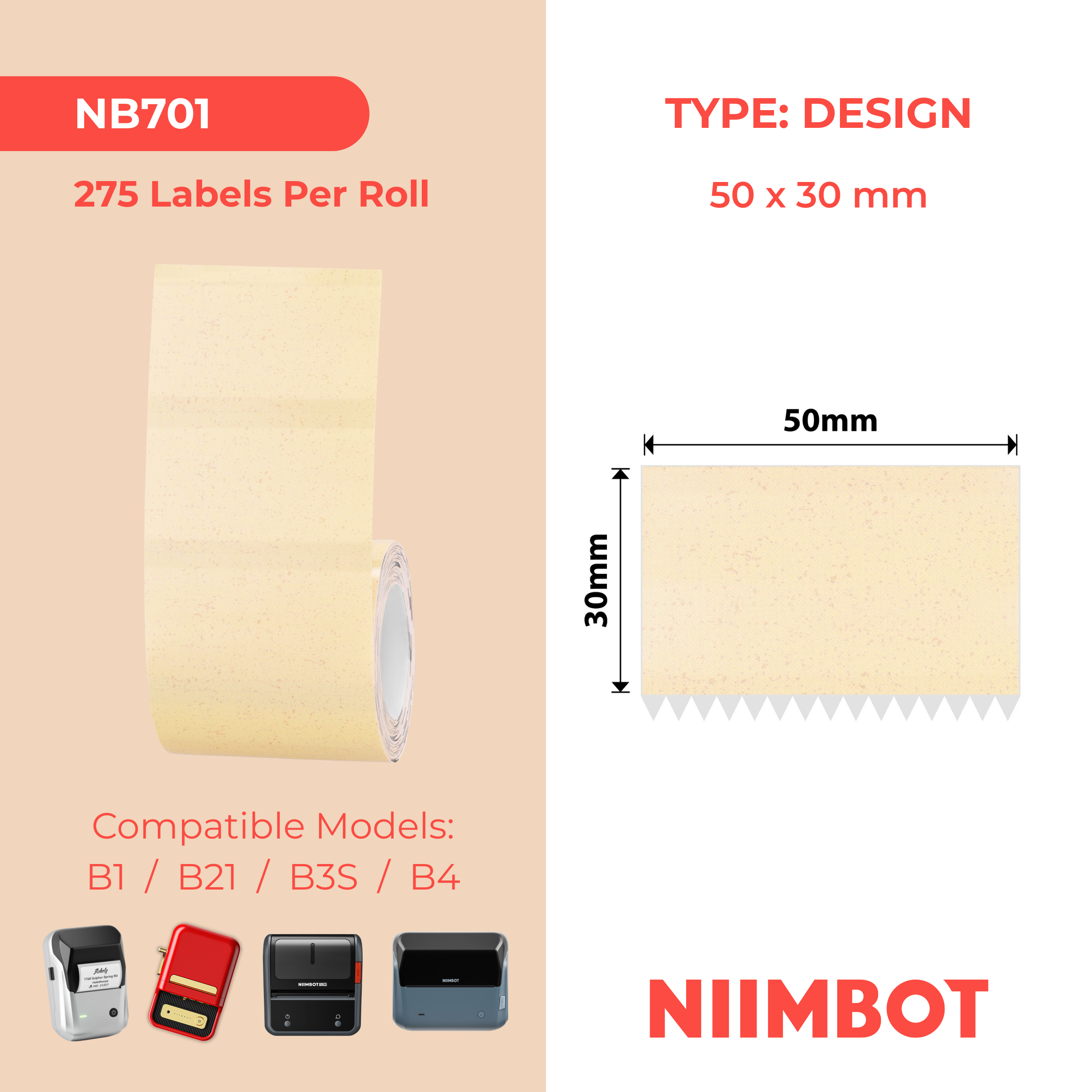 NB701 - NIIMBOT - B1 / B21 / B3S / B4 - 50X30MM - 275 BAKED COLOR LABELS