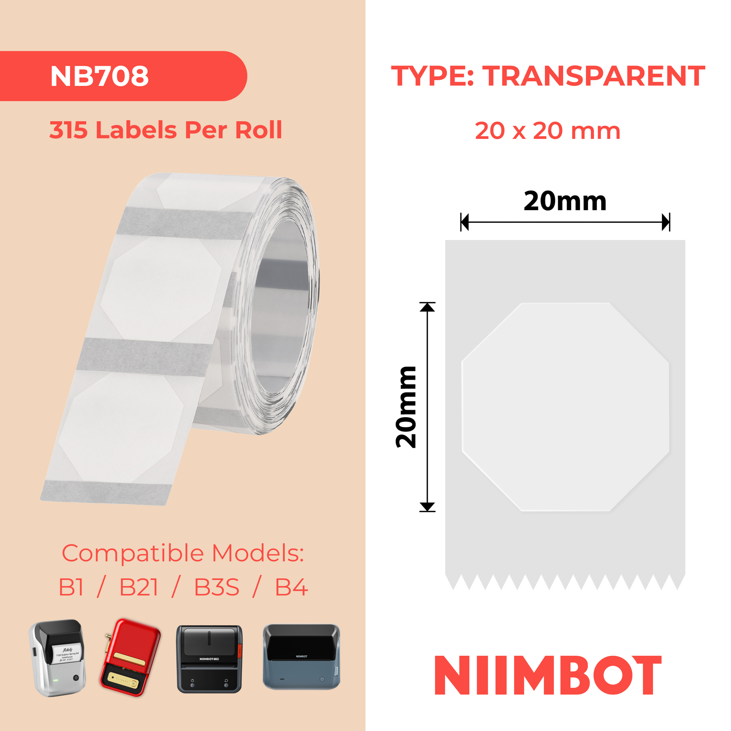 NB708 - NIIMBOT - TT20*20MM - 315 ETICHETTE - TRASPARENTE