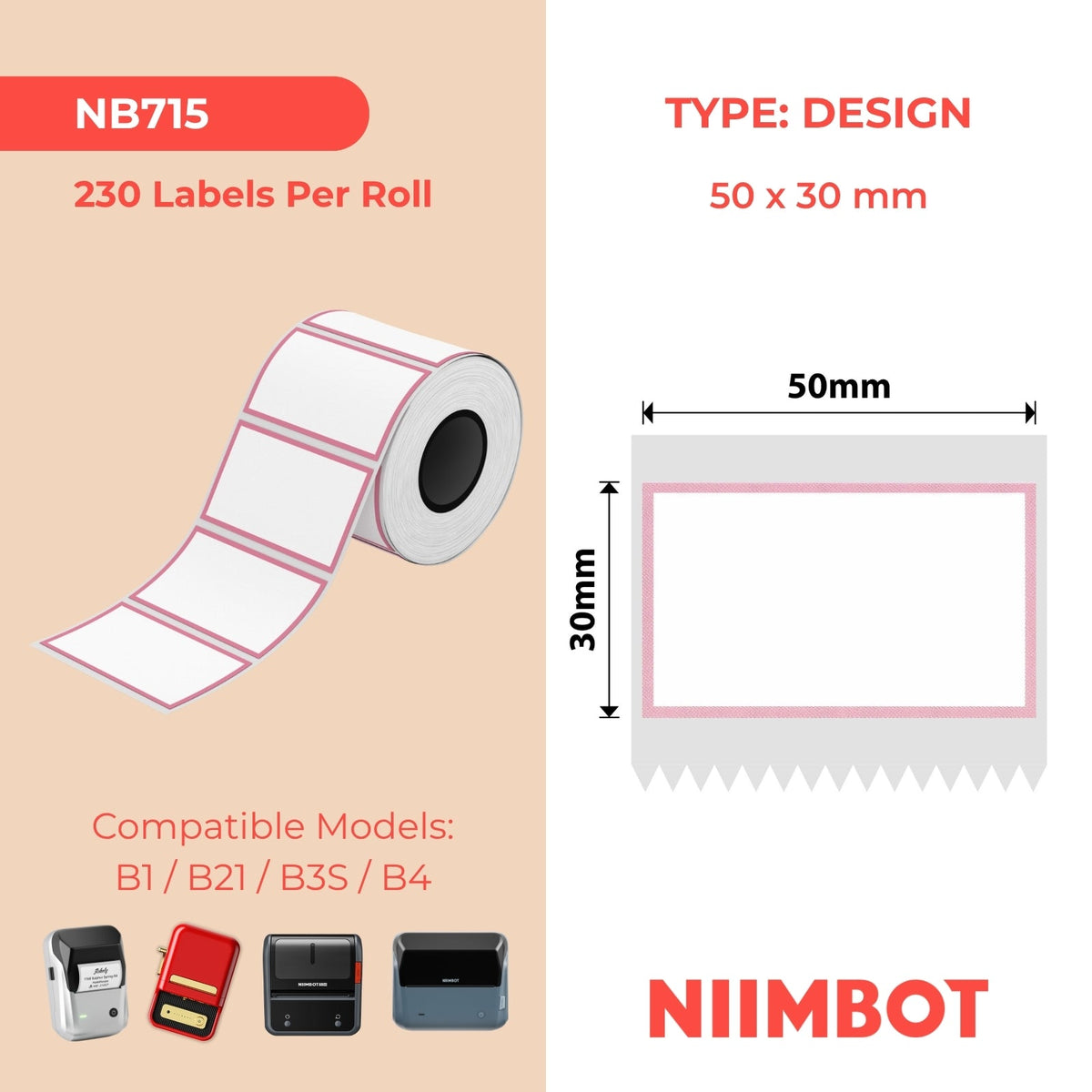 NIIMBOT - B Range - 50x30mm - Pink Border - 230 Labels