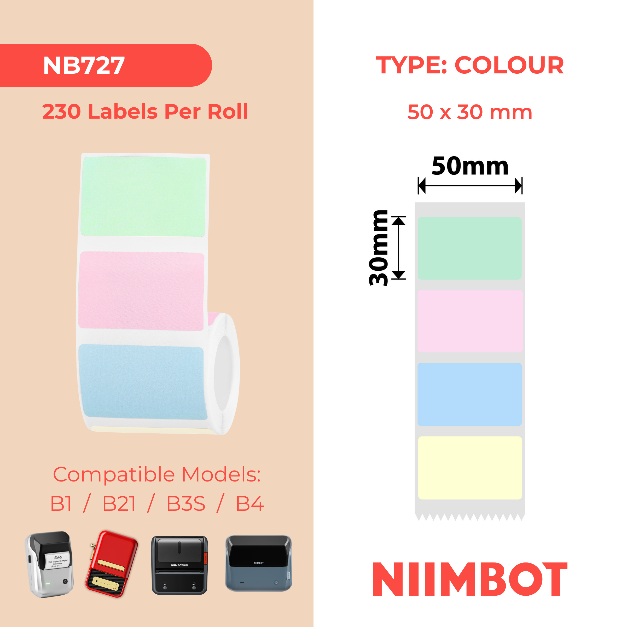NB727 - NIIMBOT - T50*30MM - 230 ETICHETTE - COLORI IN ROTOLO