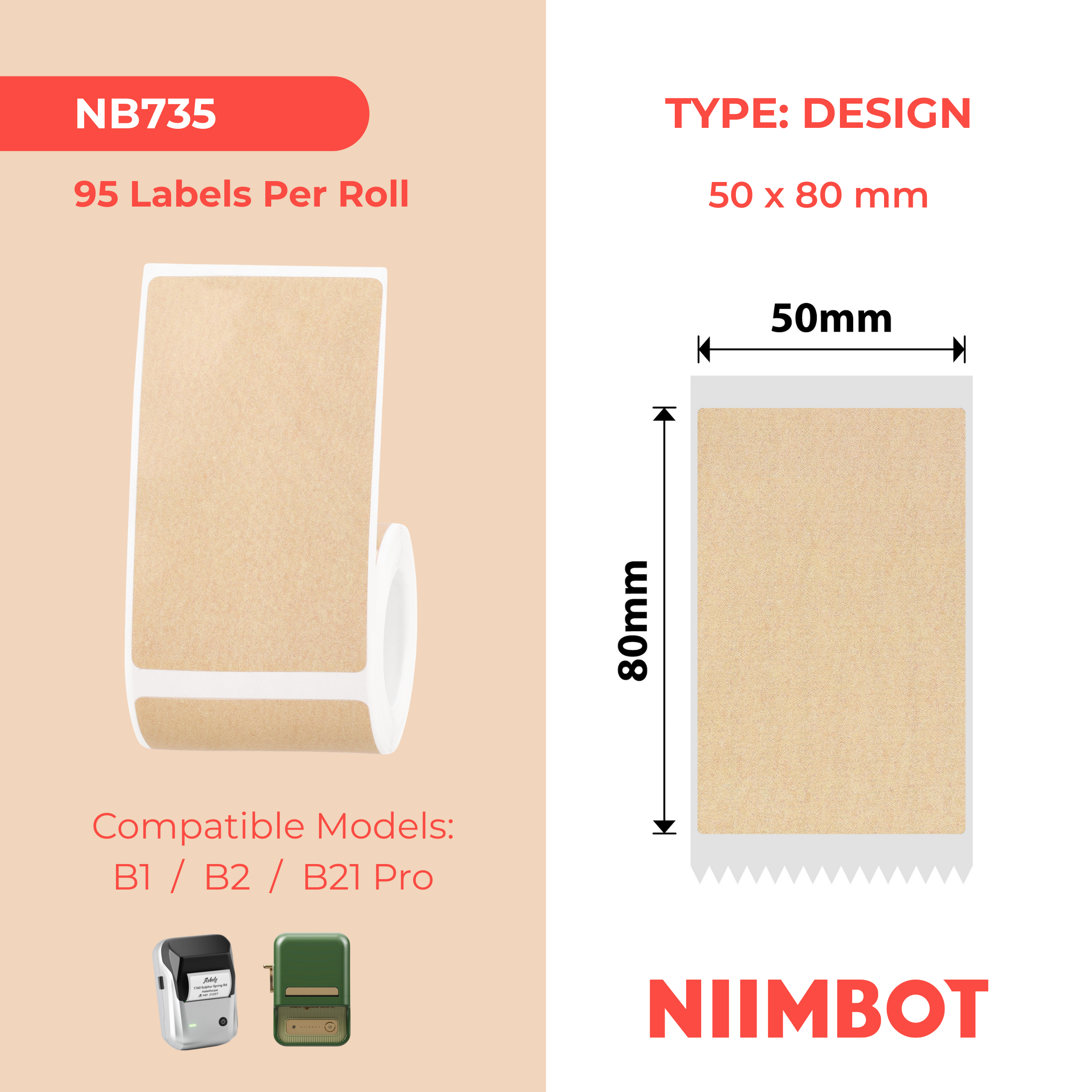 NB735 - NIIMBOT - B1, B2, B21_PRO MODELS ONLY - 50X80MM - 95 RED & BLACK DUAL COLOUR KRAFT PAPER LABELS
