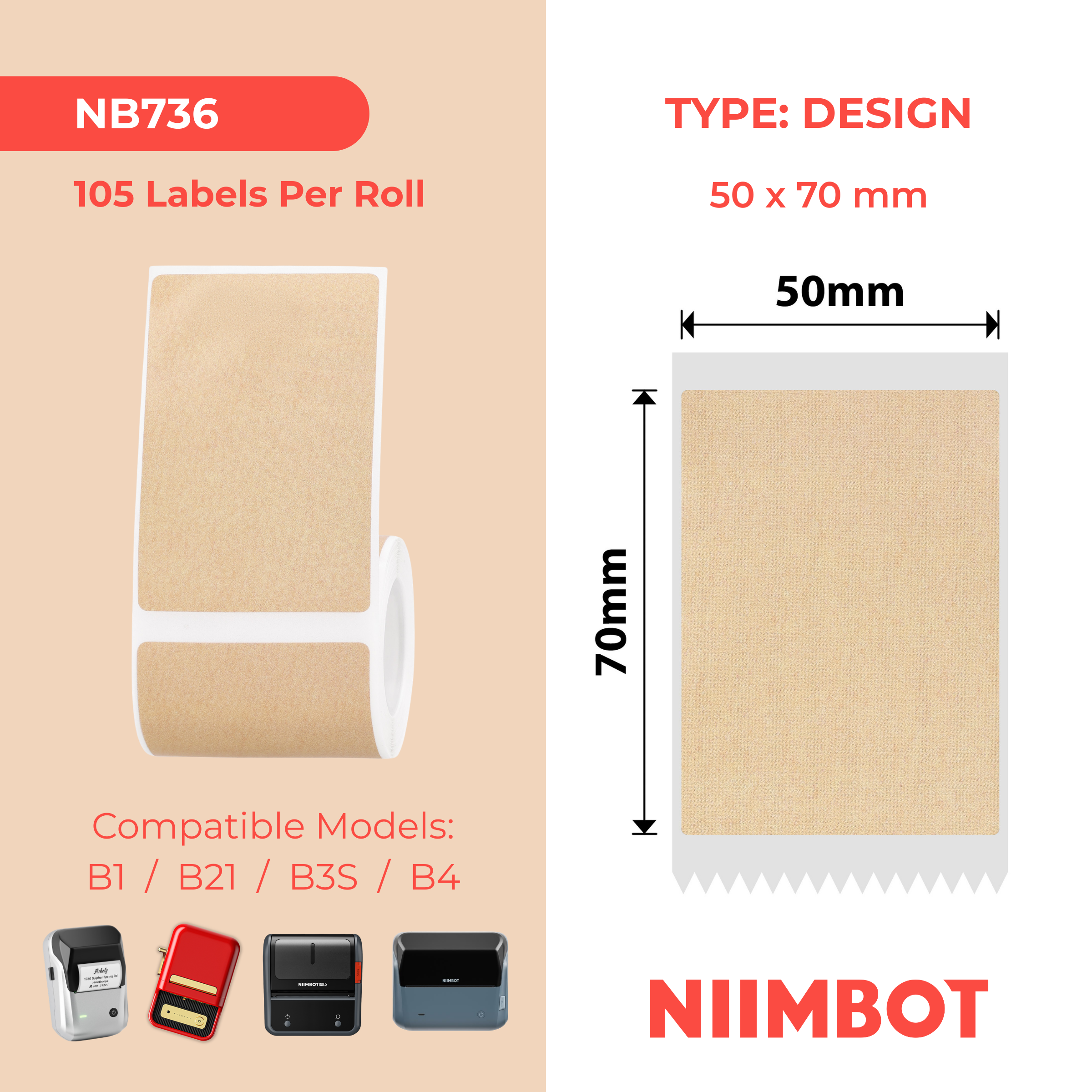 NB736 - NIIMBOT - B1 / B21 / B3S / B4 - 50X70MM - 105 KRAFT LABELS