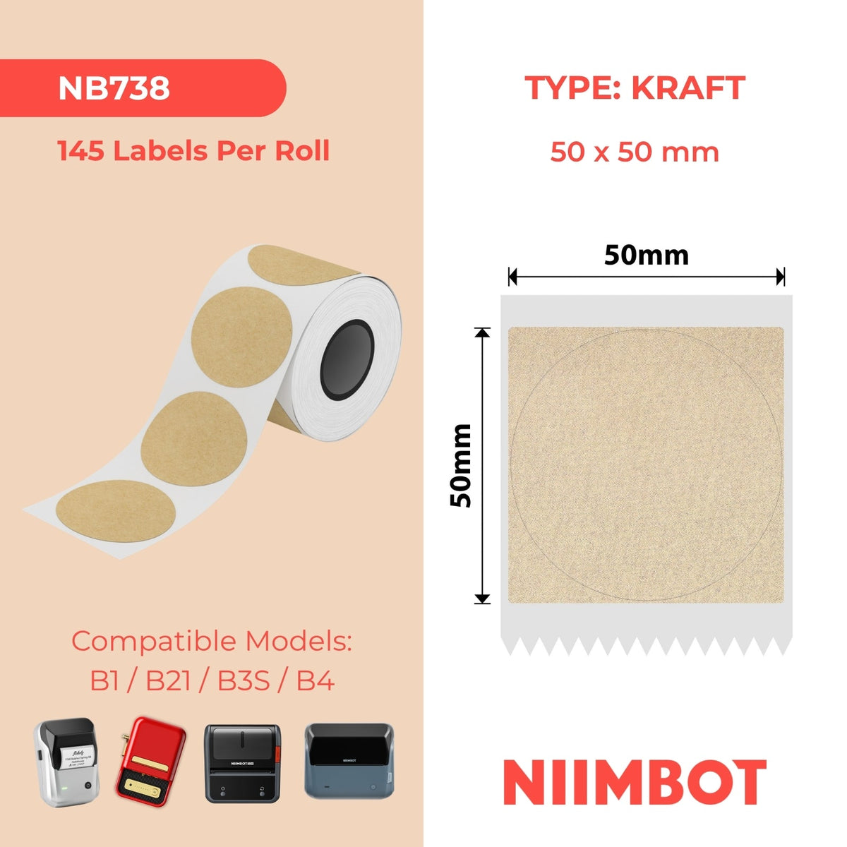 NIIMBOT - B Range - 50x50mm - Kraft - 145 Labels