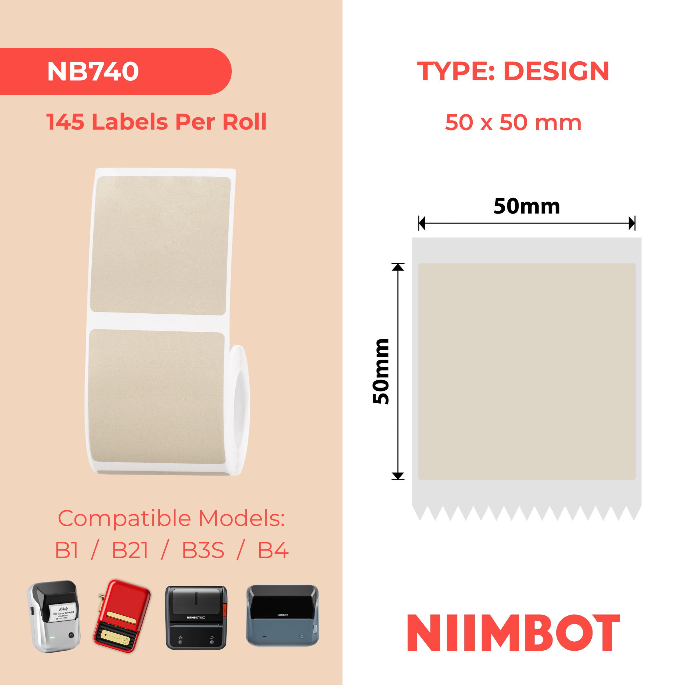 NB740 - NIIMBOT - B1 / B21 / B3S / B4 - 50X50MM - 145 KRAFT LABELS