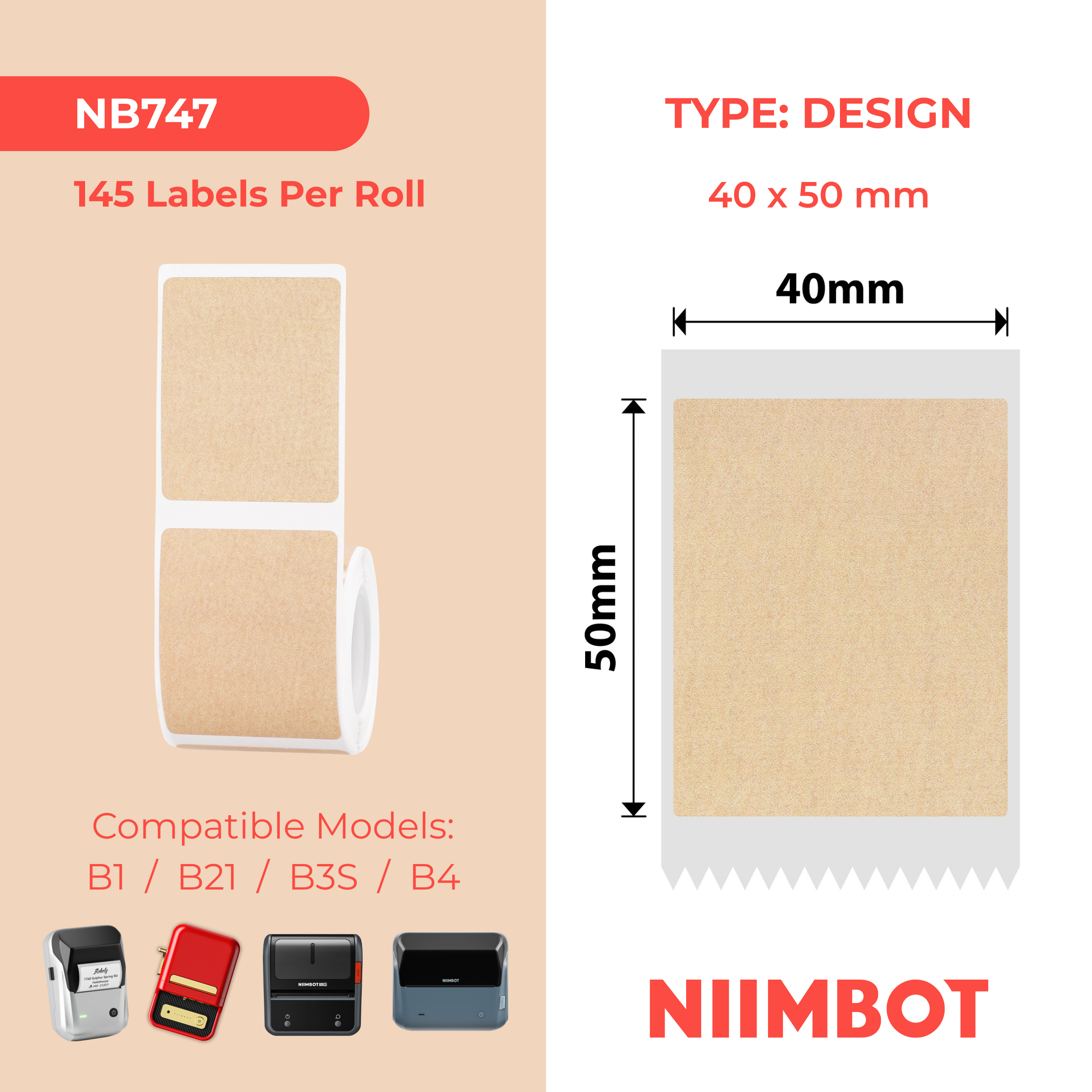 NB747 - NIIMBOT - B1 / B21 / B3S / B4 - 40X50MM - 145 LABELS - KRAFT