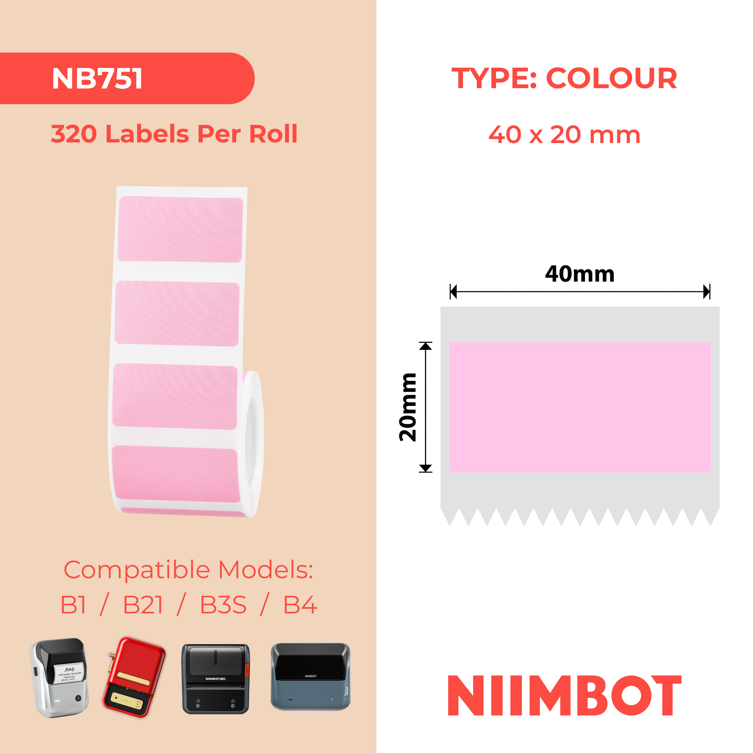 NB751 - NIIMBOT - B1 / B21 / B3S / B4 - 40X20MM - 320 PINK LABELS