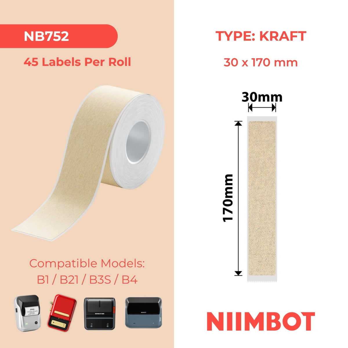 NIIMBOT - B Range - 30x170mm - Kraft File - 45 Labels