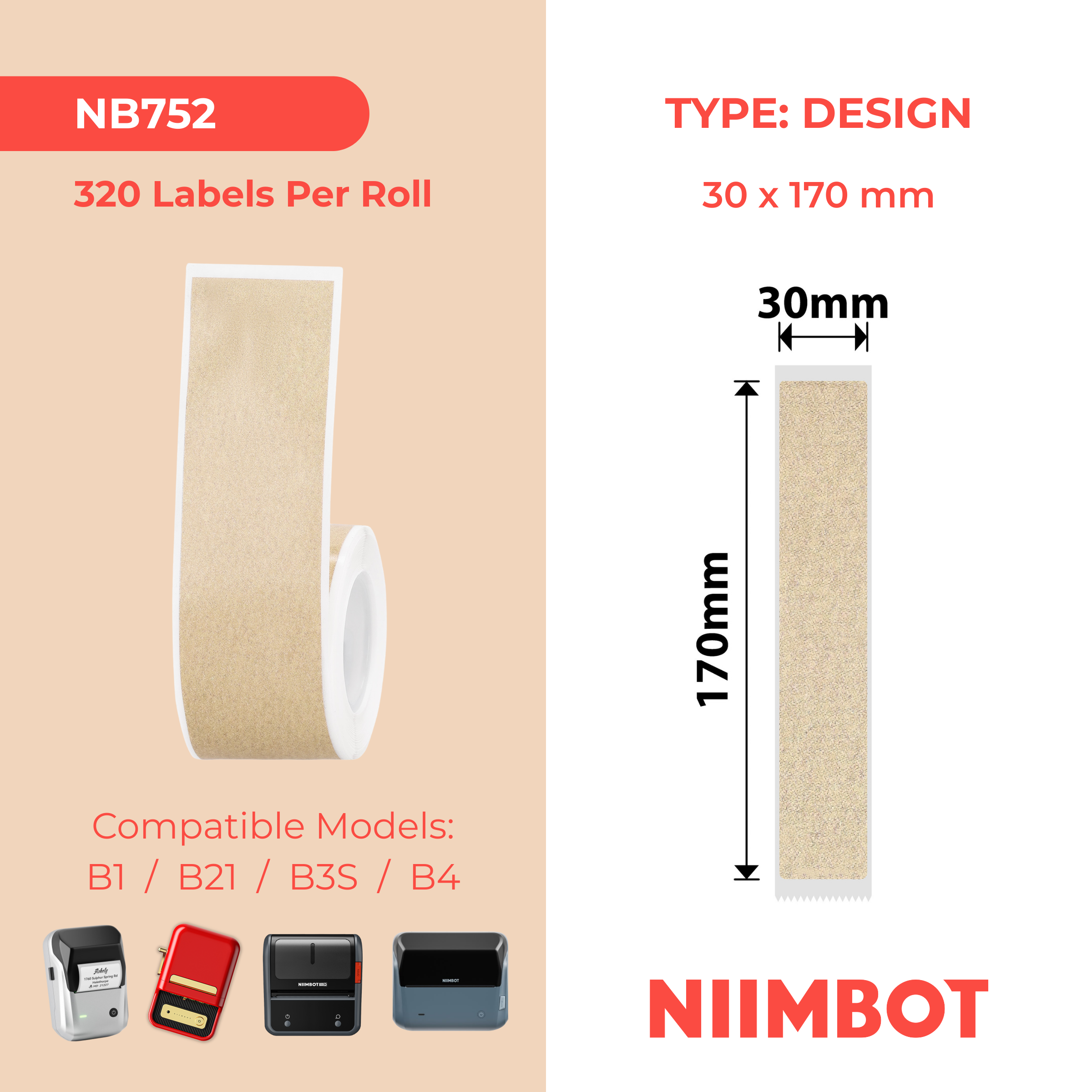 NB752 - NIIMBOT - B1 / B21 / B3S / B4 - 30X170MM - 45 KRAFT FILE LABELS