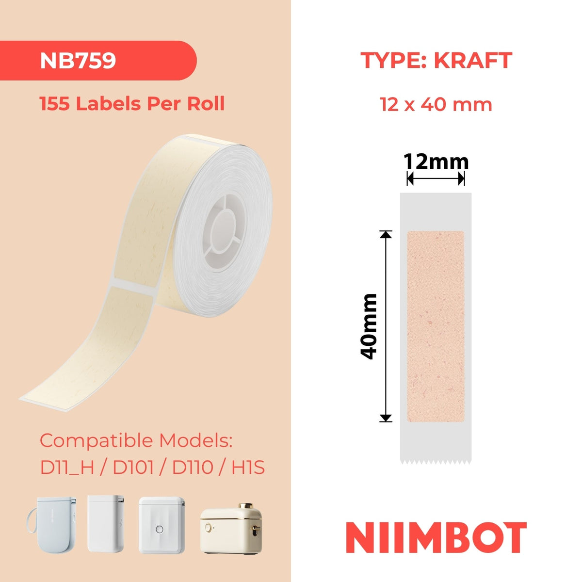 NIIMBOT - D Range - 12x40mm - Kraft - 155 Labels