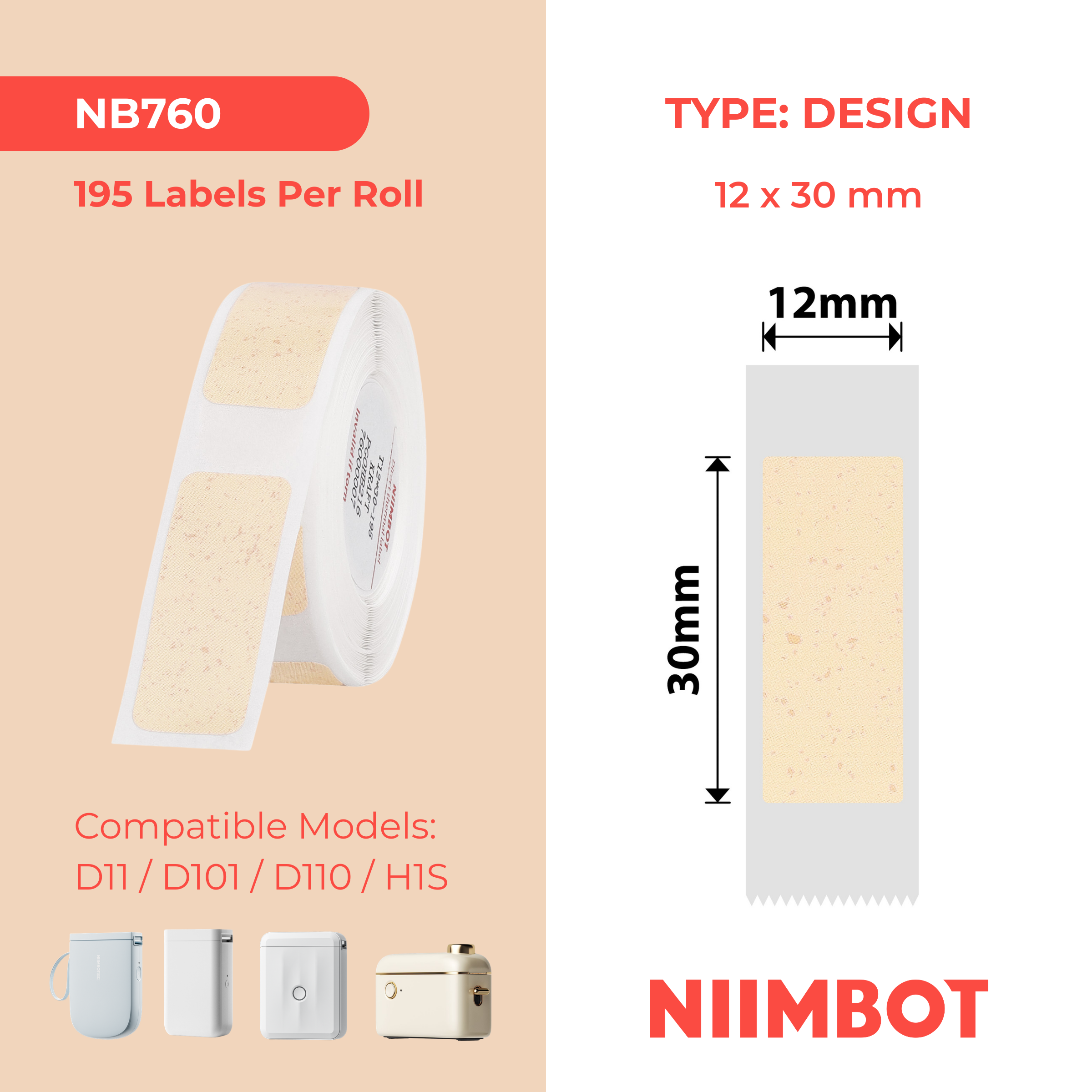 NB760 - NIIMBOT - D11 / D101 / D110 / H1S - 12X30MM - 195 KRAFT LABELS