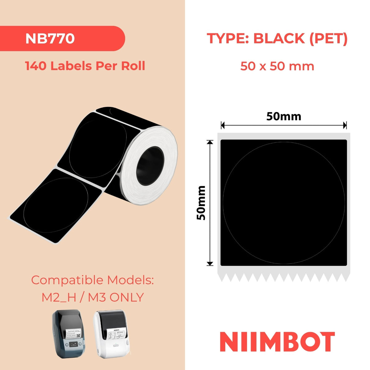NIIMBOT - M Range - 50x50mm - Matte Black Round - 140 Labels