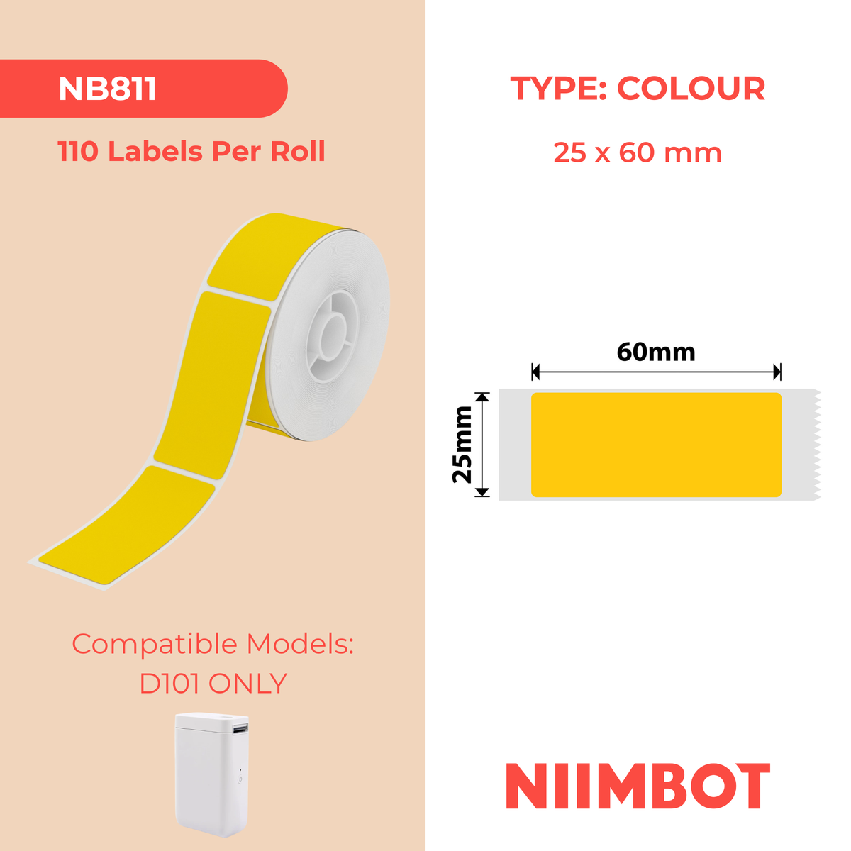 NIIMBOT - D101 Only - 25x60mm - Yellow - 110 Labels