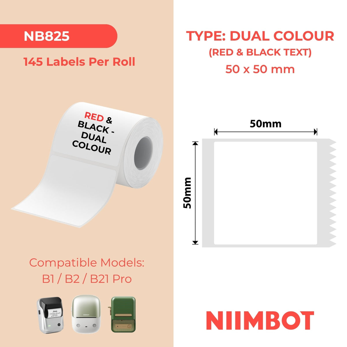 NIIMBOT - B Pro Range - 50x50mm - White - Dual Colour - Red & Black Text - 145 Labels