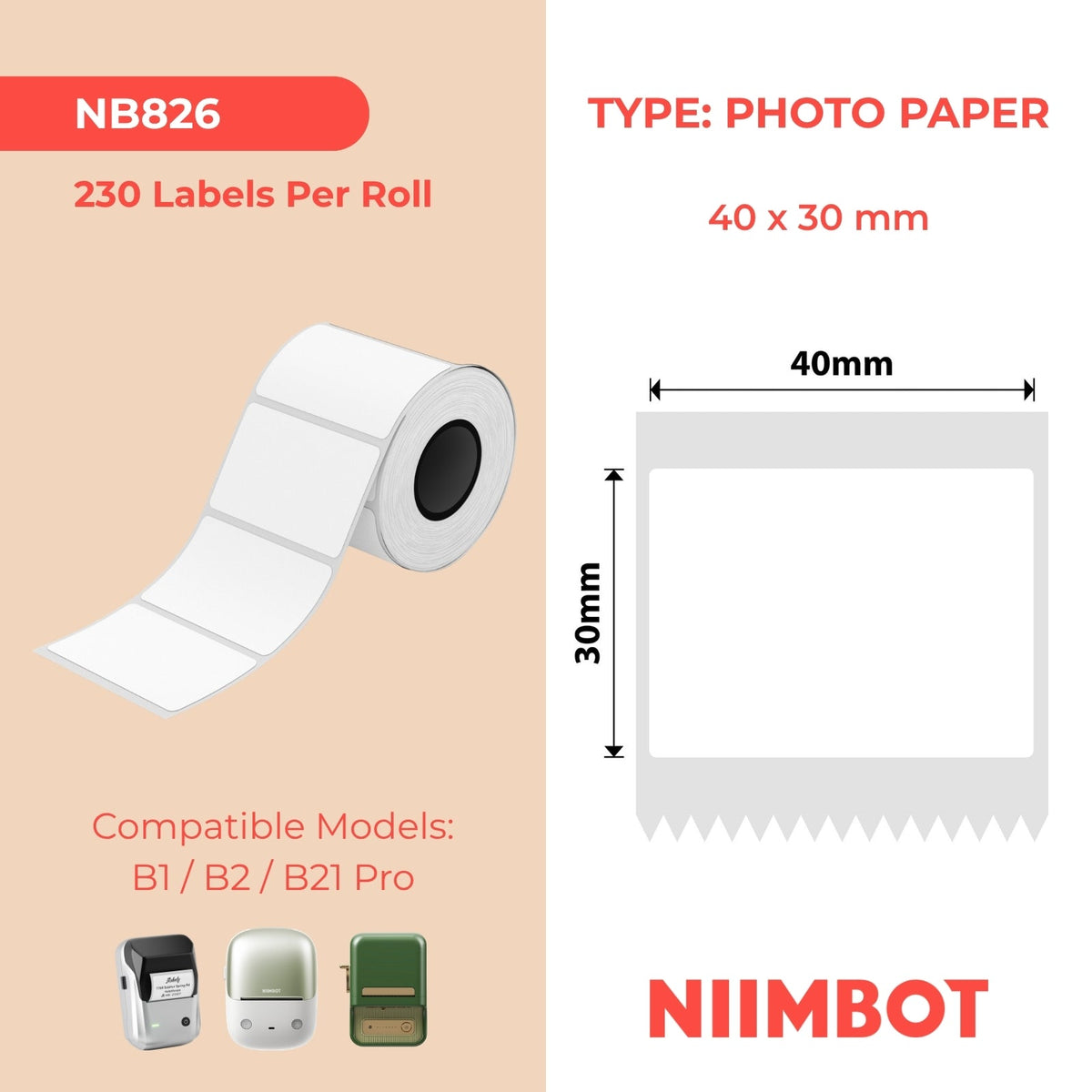 NIIMBOT - B Pro Range - 40x30mm - White - Greyscale - Photo Paper - 230 Labels