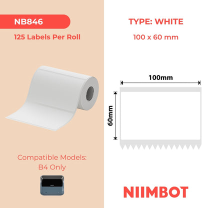 NIIMBOT - B4 Only - 100x60mm - White - 125 Labels