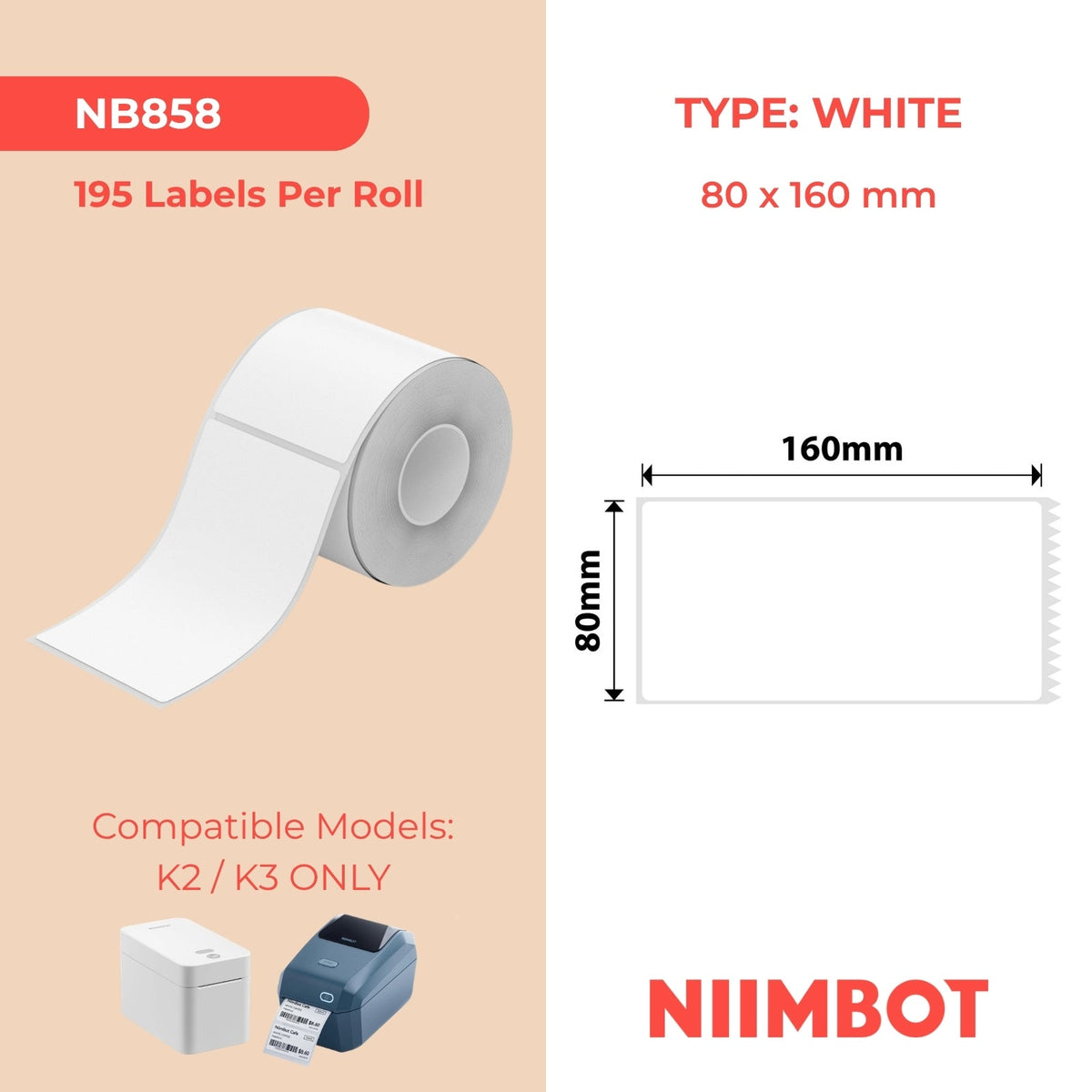 NIIMBOT - K Range - 80x160mm - White - 195 Labels