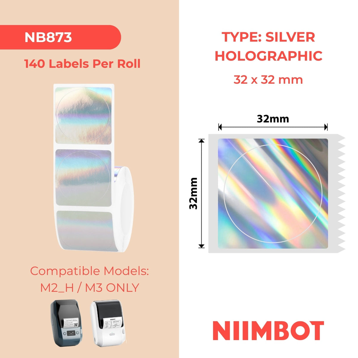 NIIMBOT - M Range - 32x32mm - Silver Laser Holographic Round - 225 Labels