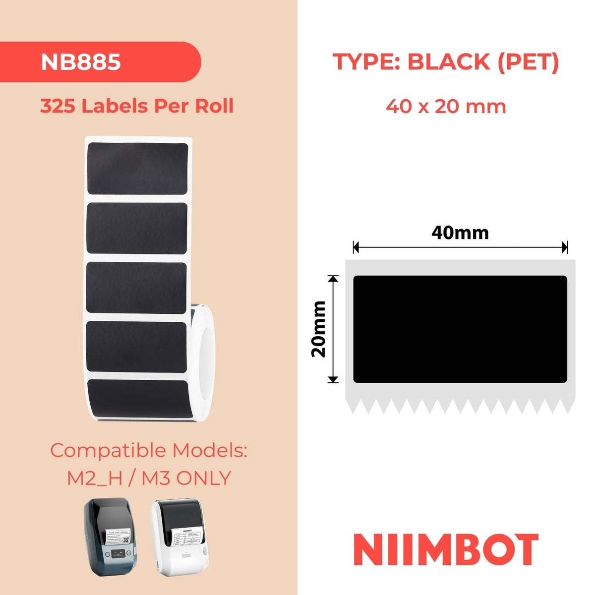 NIIMBOT - M Range - 40x20mm - Matte Black - 325 Labels