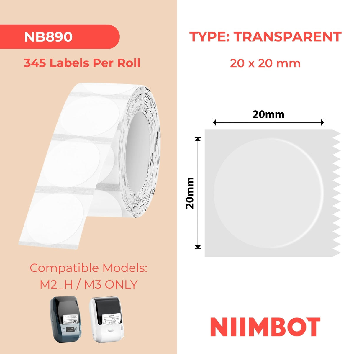 NIIMBOT - M Range - 20x20mm - Transparent Round - 325 Labels