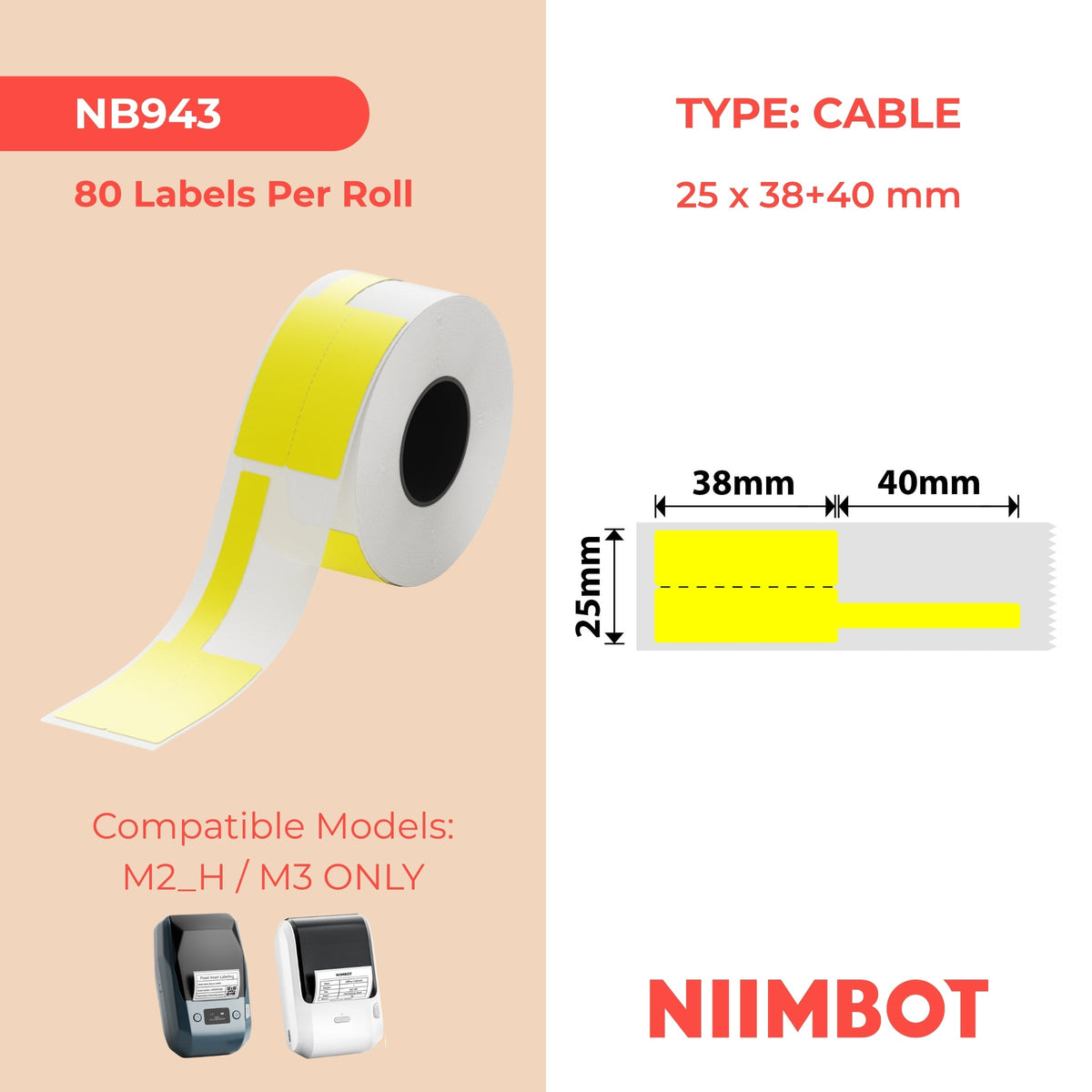 NIIMBOT - M Range - 25x38+40mm - Yellow Cable - 80 Labels