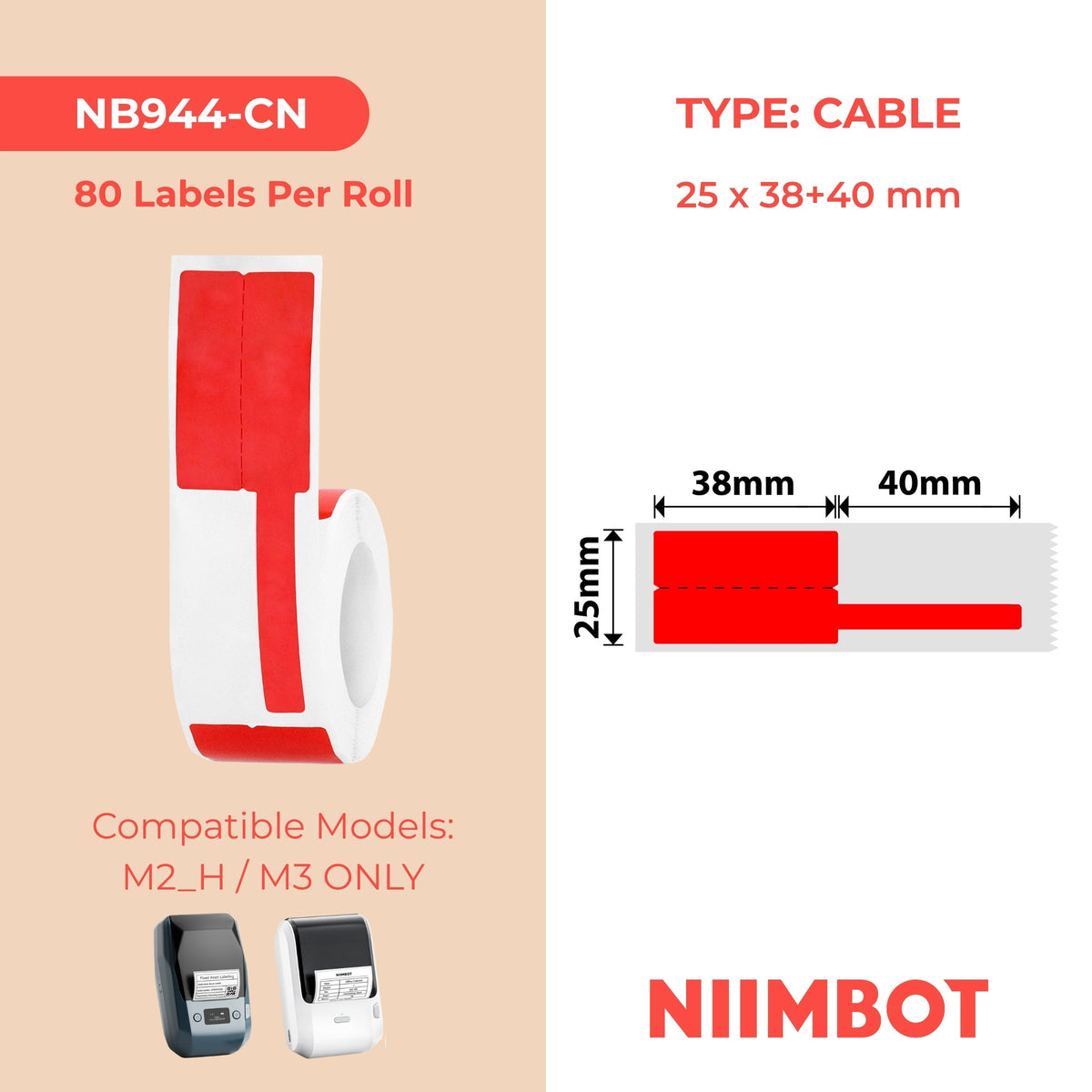 NIIMBOT - M Range - 25x38+40mm - Red Cable - 80 Labels - CN