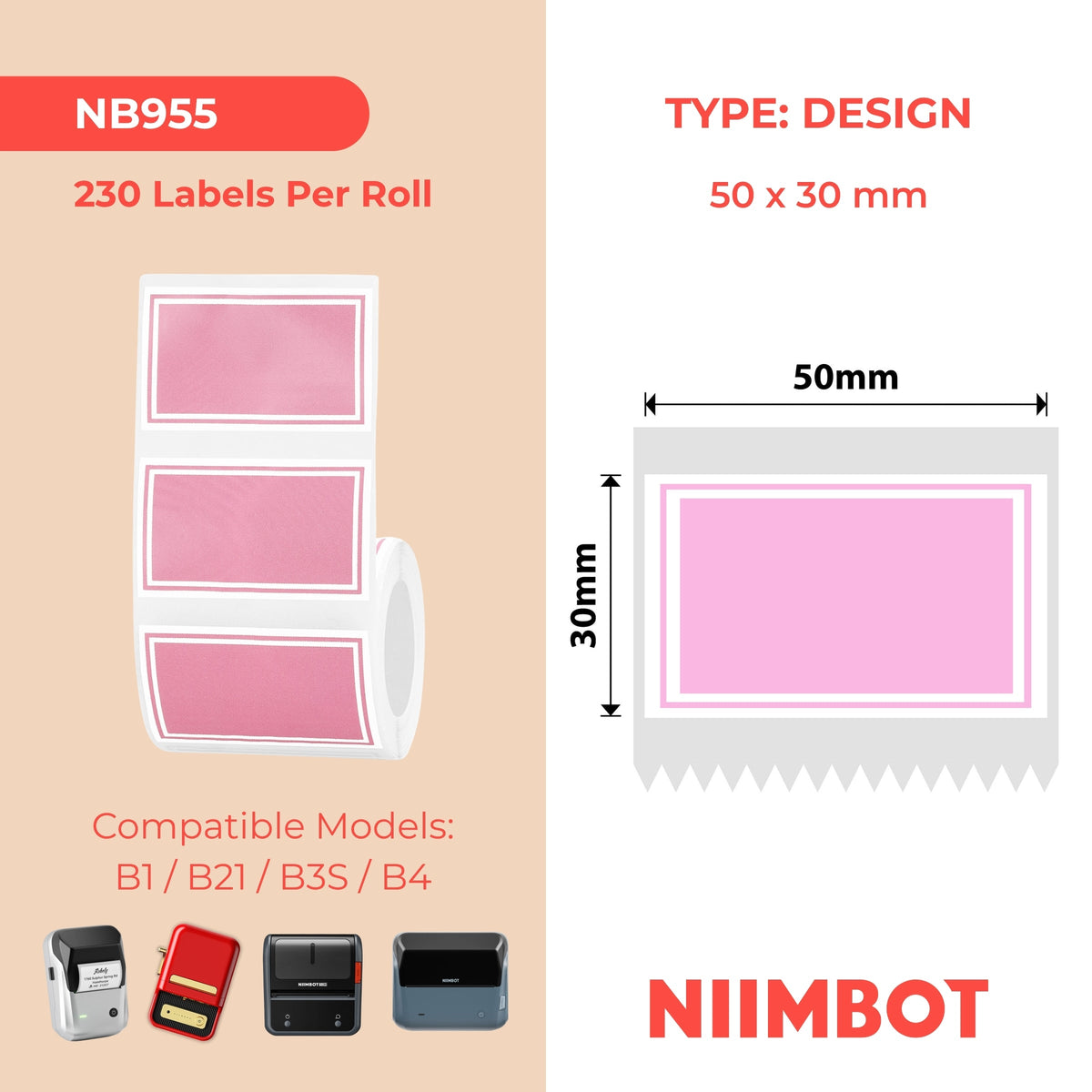 NIIMBOT - B Range - 50x30mm - Pink Border - 230 Labels