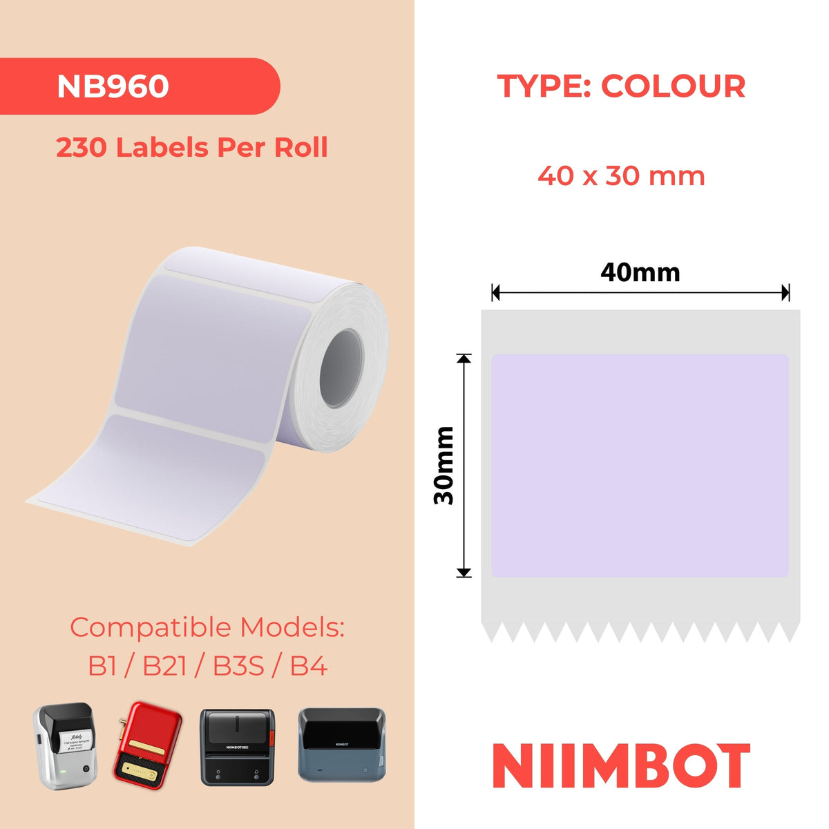 NIIMBOT - B Range - 40x30mm - Purple - 230 Labels