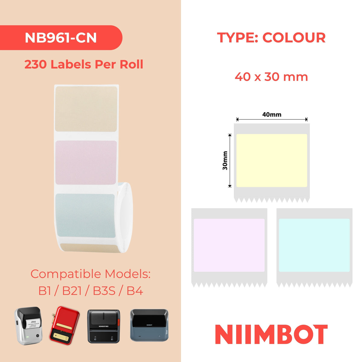 NIIMBOT - B Range - 40x30mm - Macaron Colour - 230 Labels - CN
