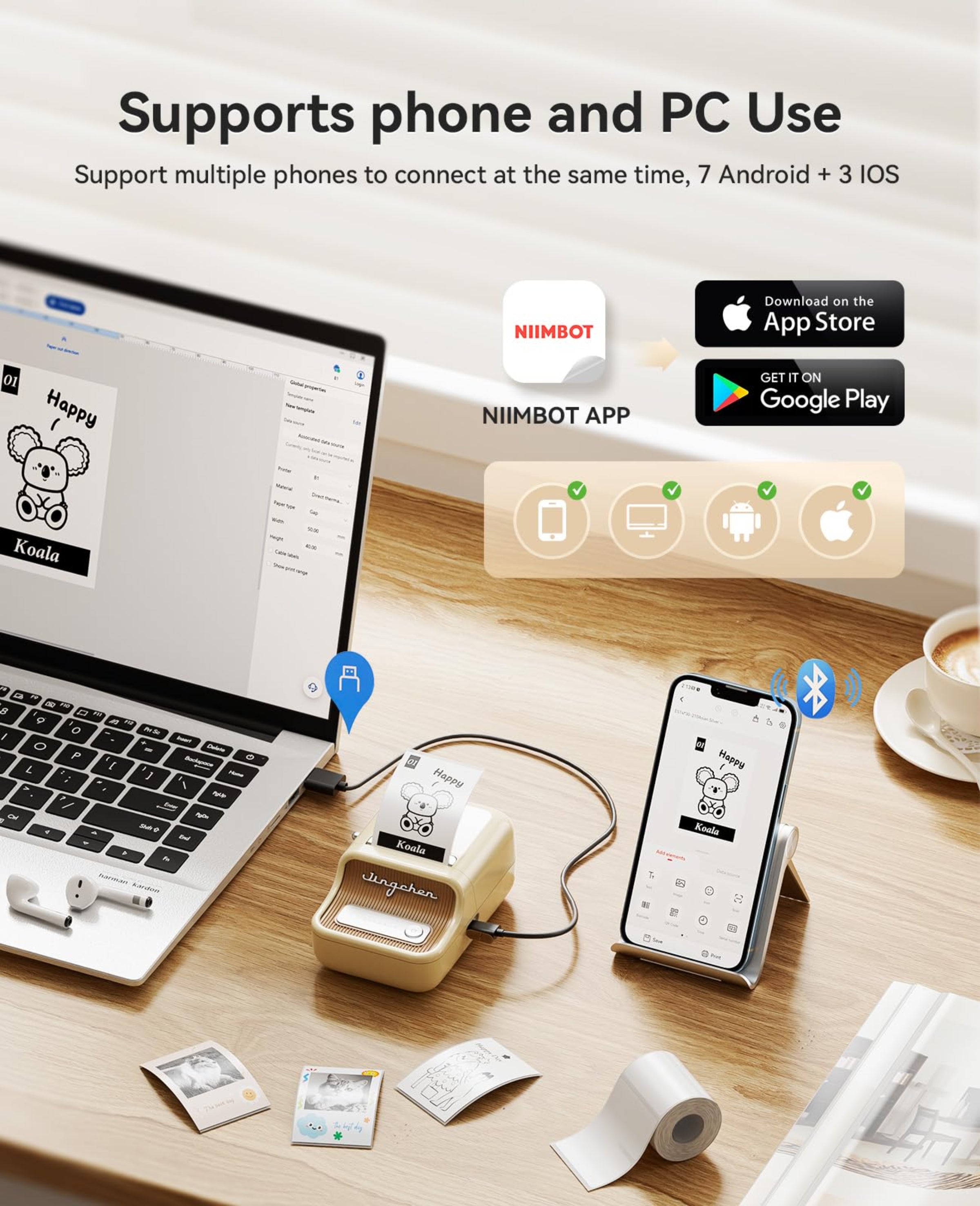 NIIMBOT - B21_PRO - 300DPI - PORTABLE THERMAL LABEL BLUETOOTH PRINTER WITH FREE LABEL ROLL - 50*30MM - WHITE