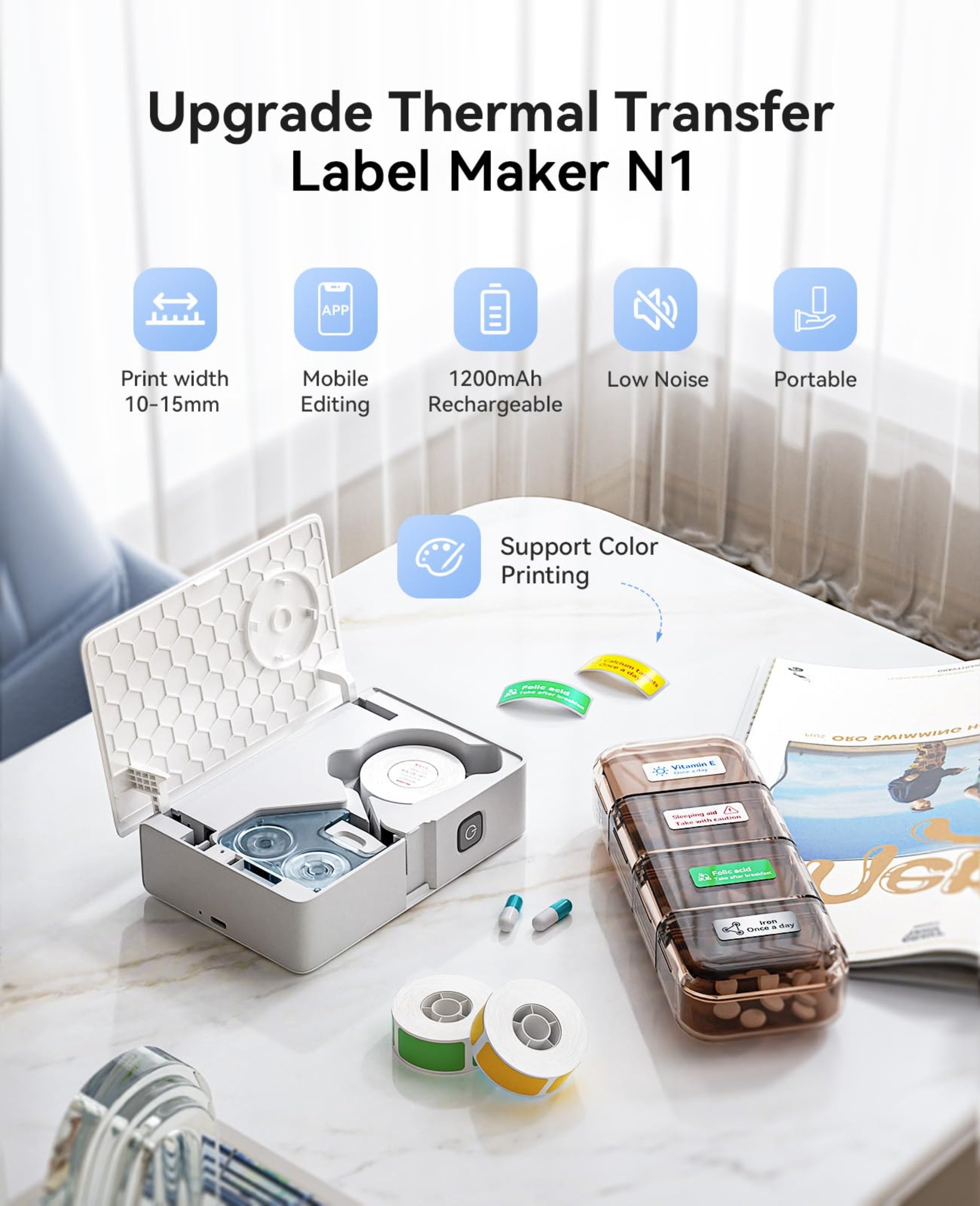 NB623 - NIIMBOT - N1 - BLUETOOTH THERMAL TRANSFER LABEL PRINTER INCL FREE WHITE LABEL & BLACK CARTRIDGE (14X50MM) - IRON ON LABEL MUST BE PURCHASED ADDITIONALLY