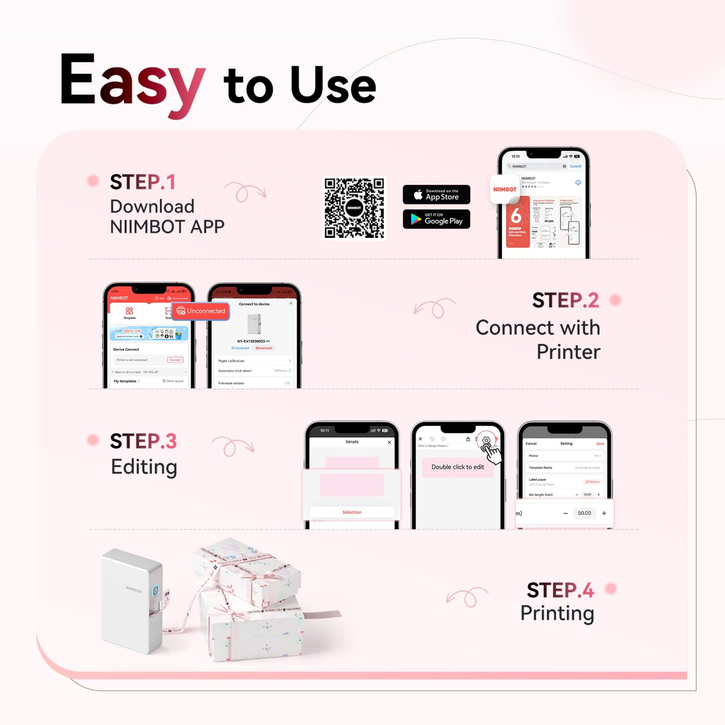 NB624 - NIIMBOT - N1 - BLUETOOTH SATIN RIBBON & LABEL PRINTER KIT INCLUDES BOTH SETS - PINK